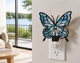 Blue Butterfly Night Light: Stained Glass Style  Room Decor