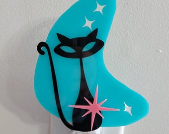 Atomic Cat night light. mid century boomerang gifts.  Retro nightlights .MCM Home decor gifts