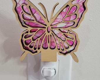 Pink Butterfly Night Light: Stained Glass Style Girls Room Decor