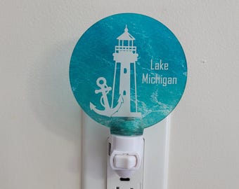 Custom Lighthouse night light. Lake scene nightlight with anchor decor  .Hallway light. Bathroom nite light. Gift her. Home decor gifts