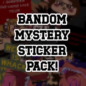 Puede incluir: Imagen gráfica con el texto "RANDOM MYSTERY STICKER PACK!" en negrita, con contorno blanco. El fondo es un collage de imágenes pixeladas, lo que sugiere una variedad de diseños de pegatinas dentro del paquete.