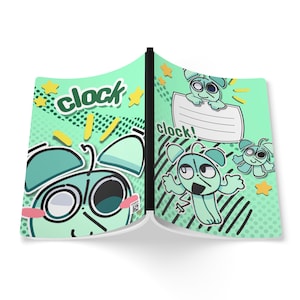 Peut inclure: Une couverture de cahier verte et noire avec un personnage de dessin animé en forme de montre et le mot "clock" en lettres vertes. La couverture a un espace blanc pour écrire un nom.