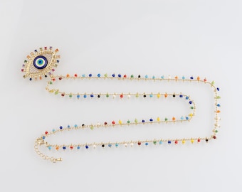 18K Gold Filled Evil Eye Chain Necklace,Beaded Link Chain,Minimalist Necklace,Gift for Her