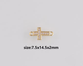 18K Gold Filled Cross Connector,CZ Micro Pave Religious Charm Necklace Bracelet for DIY Jewelry Making Supply