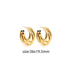 Pendientes de tres líneas rellenos de oro de 18K, pendientes delicados, pendientes de aros huggie redondos, pendientes minimalistas