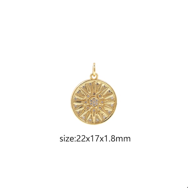 18K Gold Filled Sun Coin Pendant,Celestial Charm,CZ Micro Pave Sunburst Earrings Necklace for DIY Jewelry Making Supply