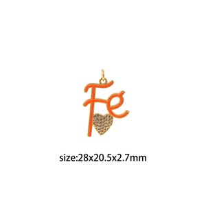 May include: Orange enamel charm with the word "Fe" in a cursive font and a small heart with clear rhinestones. The charm is approximately 28 x 20.5 x 2.7 mm.