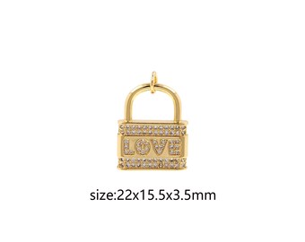 Ciondolo con lucchetto in oro 18 carati, collana con orecchini con ciondolo a forma di cuore con micro pavé di CZ per la fornitura di gioielli fai-da-te