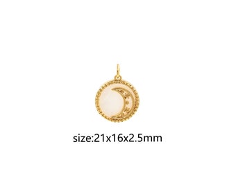 May include: Gold pendant charm featuring a crescent moon with stars inside a circle, measuring 21x16x2.5mm.