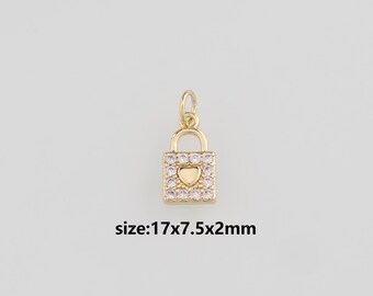 Ciondolo con lucchetto riempito in oro 18 carati, orecchini con ciondolo a forma di lucchetto a cuore con micro pavé di zirconi cubici, collana per la creazione di gioielli fai da te.
