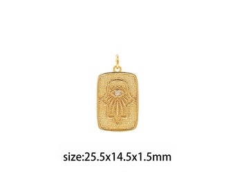 18K Gold Filled Rectangle Hamsa Pendant,CZ Micro Pave Evil Eye Charm Earrings Necklace for DIY Jewelry Making Supply