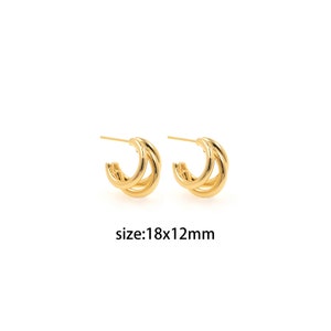 18K Gold Filled Three Line Stud Earrings,Dainty Hoops,Round Huggie Hoops,Minimalist Earrings