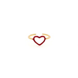 May include: A gold ring with a red heart-shaped cutout. The ring is simple and elegant.
