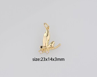 18K Gold Filled Dragonfly Pendant,CZ Micro Pave Insect Charm Earrings Necklace for DIY Jewelry Making Supply
