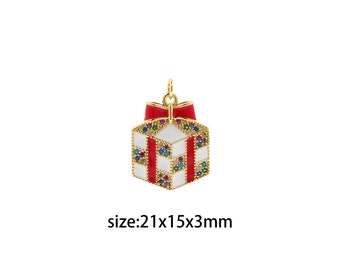 18K Gold Filled Gift Box Pendant,Enamel Christmas Charm Earrings Necklace for DIY Jewelry Making Supply