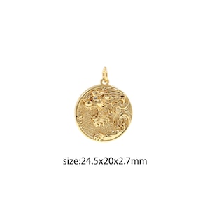 18K Gold Filled Lion Pendant,Animal Charm,Dainty Lion Coin Earrings Necklace for DIY Jewelry Making Supply