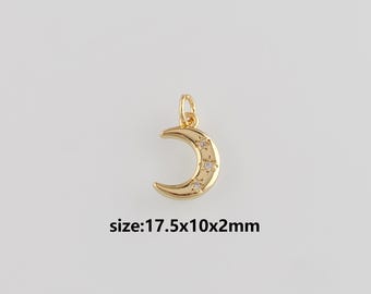 18K Gold Filled Moon Pendant,CZ Micro Pave Celestial Charm Earrings Necklace for DIY Jewelry Making Supply