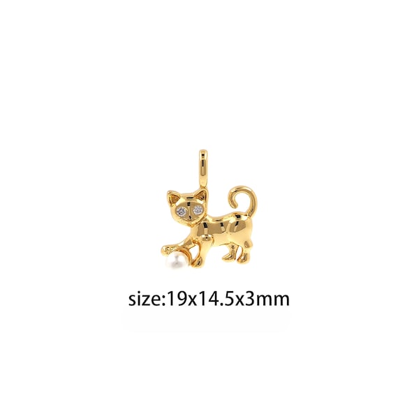 18K Gold Filled Cat Pendant,CZ Micro Pave Animal Charm Earrings Necklace for DIY Jewelry Making Supply