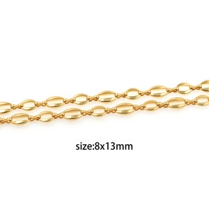 Może przedstawiać: Złoty naszyjnik z łańcuszkiem o owalnych ogniwach. Łańcuszek ma szerokość 8 mm i długość 13 mm. size:8x13mm