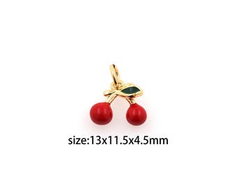 18K Gold Filled Cherry Pendant,Fruit Charm,Enamel Cherry Earrings Necklace for DIY Jewelry Making Supply