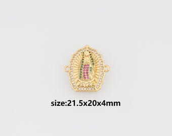 18K Gold Filled Virgin Mary Connector,CZ Micro Pave Religious Charm Necklace Bracelet for DIY Jewelry Making Supply