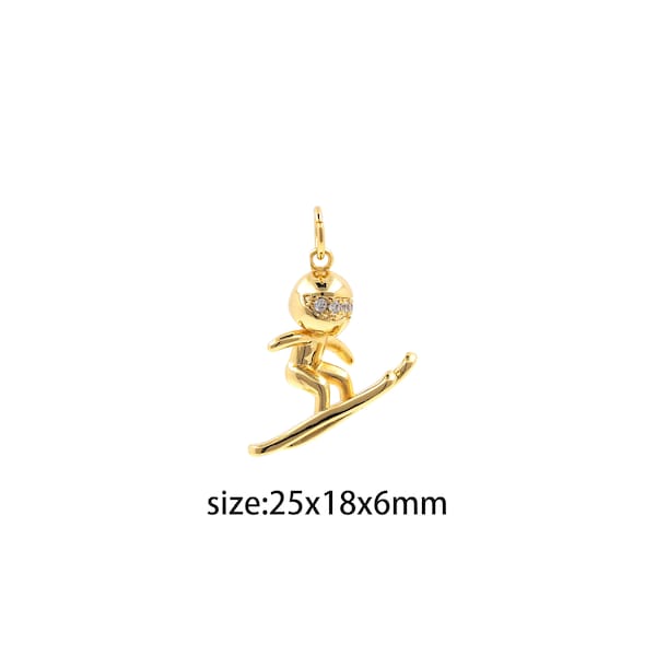 18K Gold Filled Skier Pendant,Sports Charm,CZ Micro Pave Ski Earrings Necklace for DIY Jewelry Making Supply