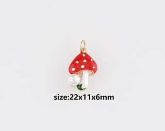 18K Gold Filled Mushroom Pendant,Enamel Mushroom Charm Earrings Necklace for DIY Jewelry Making Supply