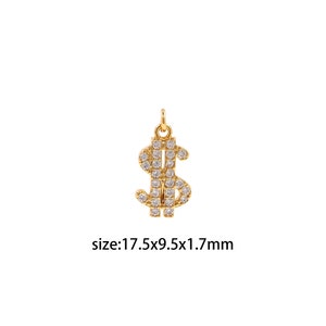 18K Gold Filled Money Pendant,CZ Micro Pave Dollar Sign Charm Earrings Necklace for DIY Jewelry Making Supply