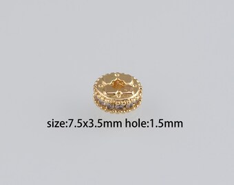 10Pcs 18K Gold Filled Flower Beads,CZ Micro Pave Round Flat Spacer Beads,DIY Jewelry Making Supply