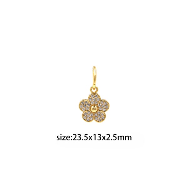 18K Gold Filled Flower Pendant,CZ Micro Pave Flower Charm Earrings Necklace for DIY Jewelry Making Supply