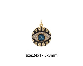 18K Gold Filled Evil Eye Coin Pendant,CZ Micro Pave Evil Eye Charm Earrings Necklace for DIY Jewelry Making Supply