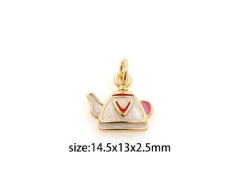 Ciondolo teiera riempito in oro 18K, orecchini con ciondolo teiera in smalto, collana per la creazione di gioielli fai da te