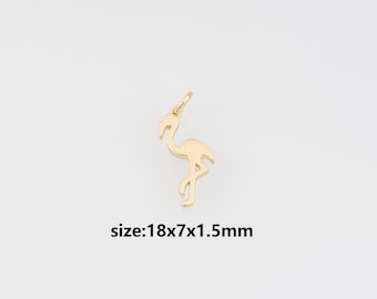 May include: A gold-colored flamingo charm with a loop for attaching to a necklace or bracelet. The charm is in a standing pose. The text "size:18x7x1.5mm" is below the charm.