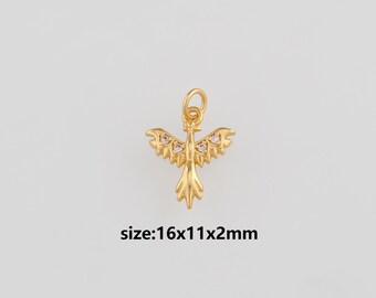 May include: Gold-colored bird pendant with a loop for hanging. The bird has outstretched wings and a detailed tail. The pendant is 16mm long, 11mm wide, and 2mm thick. The text "size:16x11x2mm" is below the pendant.