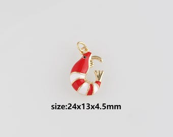 18K Gold Filled Shrimp Pendant,Enamel Shrimp Charm Earrings Necklace for DIY Jewelry Making Supply