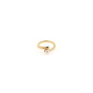 May include: A gold ring with a single pearl accent. The ring is designed with a curved band that wraps around the finger.