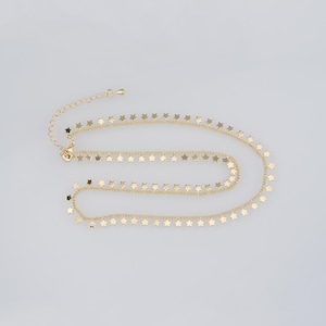 Puede incluir: Un collar de cadena dorada con una doble capa de pequeños colgantes de estrellas.
