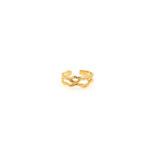 May include: Gold-toned ring with a wavy, organic design. The ring is made of two bands that are intertwined.