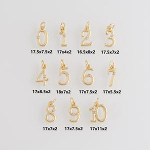Peut inclure: Charm en forme de chiffres dorés, chacun avec une petite boucle d'attache. Les chiffres de 0 à 10 sont affichés, avec de petits accents clairs. Les mesures sont fournies en millimètres. Idéal pour la création de bijoux ou l'artisanat personnalisé.
