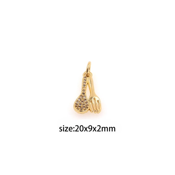 18K Gold Filled Spoon Fork Pendant,CZ Micro Pave Tableware Charm Earrings Necklace for DIY Jewelry Making Supply