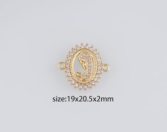 18K Gold Filled Virgin Mary Connector,CZ Micro Pave Religious Charm Necklace Bracelet for DIY Jewelry Making Supply