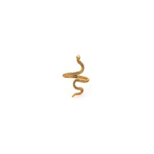 May include: A gold snake ring with clear stones. The snake is coiled and the head is facing up.