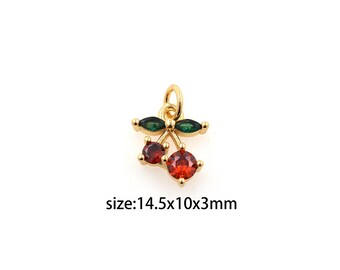18K Gold Filled Cherry Pendant,Fruit Charm,CZ Micro Pave Cherry Earrings Necklace for DIY Jewelry Making Supply
