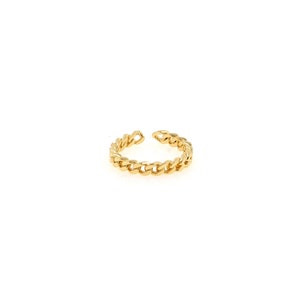 May include: A gold chain ring with a thick, chunky design. The ring is open and adjustable.