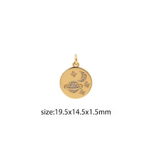 18K Gold Filled Planet Coin Pendant,CZ Micro Pave Celestial Charm Earrings Necklace for DIY Jewelry Making Supply