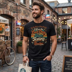 May include: Black t-shirt with a colourful retro design that reads "I Love the Last Day of State Testing Teacher." The shirt is worn by a person in a brick-lined outdoor setting, holding a tote bag. The shirt's design includes the words "Test Day Teachers Testing Students."