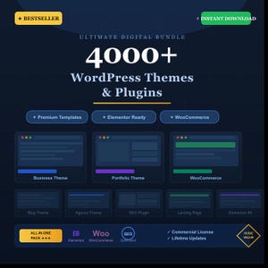 May include: Digital bundle graphic with the text "ULTIMATE DIGITAL BUNDLE 4000+ WordPress Themes & Plugins". Includes "Premium Templates", "Elementor Ready", and "WooCommerce" options. Features "Business Theme", "Portfolio Theme", and "WooCommerce" theme previews.