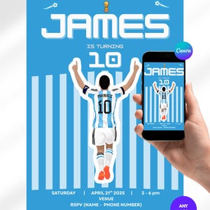 Messi-Inspired Birthday Invitation, Leo Messi, Argentina, Editable Messi Invite, Soccer Theme, Canva Template, Instant Download, Any Age