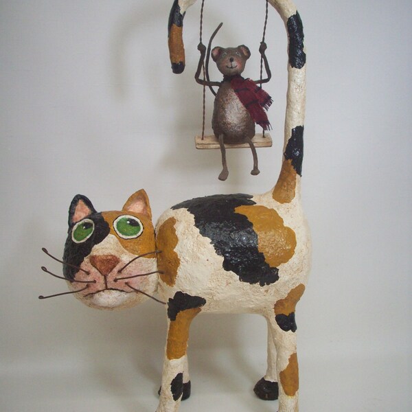 Primitive Paper Mache Folk Art Cat Container with Swinging Mouse