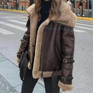 Women’s Shearling Leather Jacket – Real Sheepskin B3 Bomber Aviator Coat | RAF Style Handmade Winter Jacket